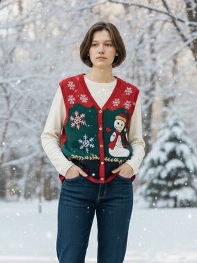 Vintage Style Studio Red & Green Snowman Sweater Vest